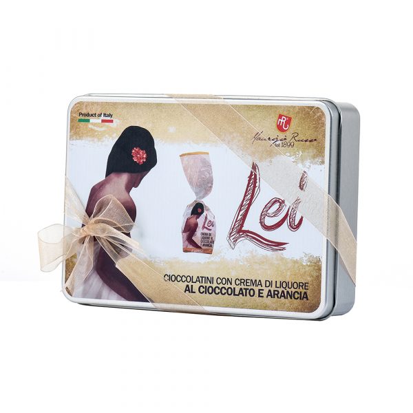 <strong>Latta rettangolare Lei®</strong> cioccolatini ripieni di crema all'arancia